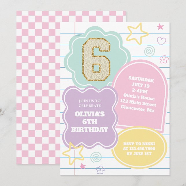 Invitación Cuaderno de cumpleaños con parche pastel de prepar (Anverso / Reverso)
