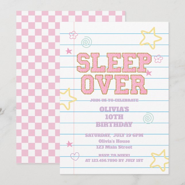 Invitación Cuaderno de parche universitario de pijamada (Anverso / Reverso)