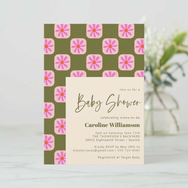 Invitación Cuaderno tablero de ajedrez Flor verde rosa Baby S (Anverso de pie)