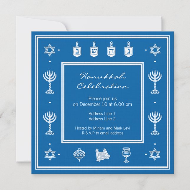 Invitación cuadrada azul de Hanukkah Motif (Anverso)