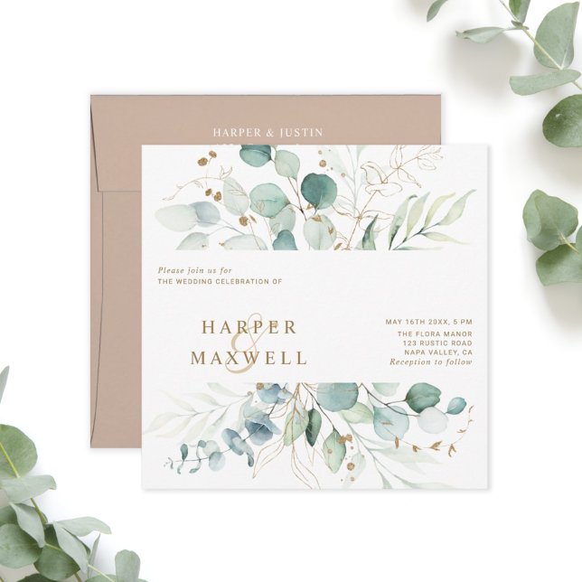 Invitación cuadrada Boda botánico dorado y verde (Subido por el creador)