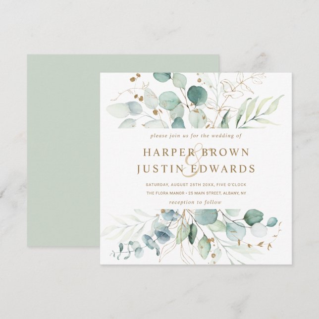 Invitación cuadrada Boda botánico dorado y verde (Anverso / Reverso)