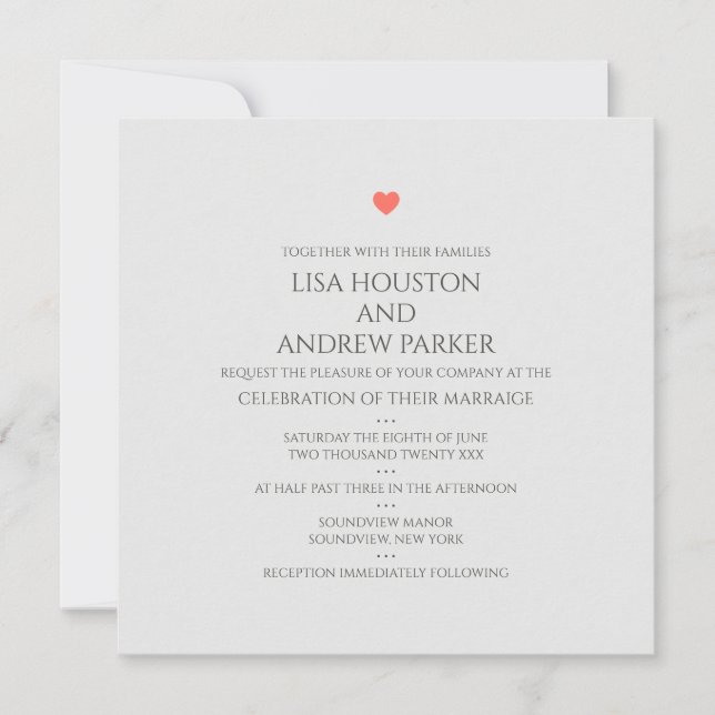Invitación cuadrada de Boda Coral Heart (Anverso)