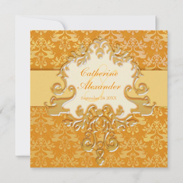 Invitación cuadrada de boda de seda dorada y crema (Anverso)