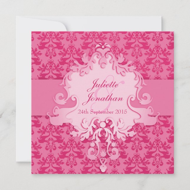 Invitación cuadrada del boda rosa del damasco blan (Anverso)