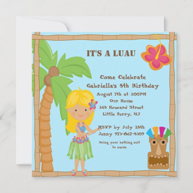Invitación cuadrada del cumpleaños de Luau del (Anverso)