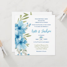Invitación cuadrada floral de acuarela azul