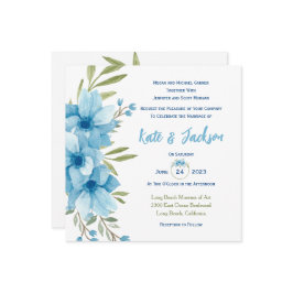 Invitación cuadrada floral de acuarela azul