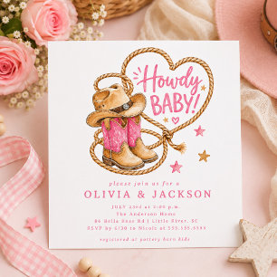 Invitación cuadrada para baby shower de vaquera ro