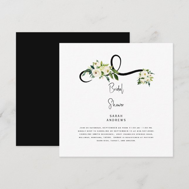 Invitación Cuadrado B/W de ducha de novia floral blanca (Anverso / Reverso)