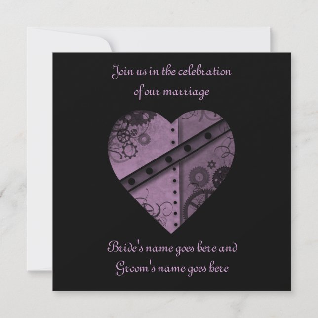 Invitación cuadrado boda del corazón de los engranajes púrpur (Anverso)
