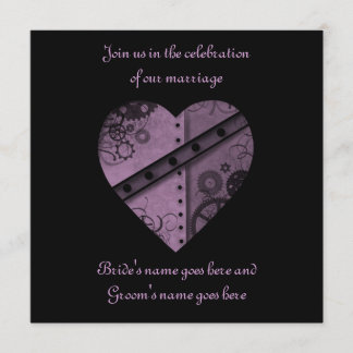 Invitación cuadrado boda del corazón de los engranajes púrpur