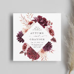 Invitación Cuadrado Boda floral de color acuático de Romance<br><div class="desc">Esta invitación a la boda incluye una flor acuarela de dahlias, rosas del jardín y peones en rojo borgoña, marrón, rosa rubor sobre hojas caídas con un marco en forma de diamante. Para una personalización más avanzada de este diseño, haga clic en el BOTÓN HERRAMIENTA DE DISEÑO AZUL. También están...</div>