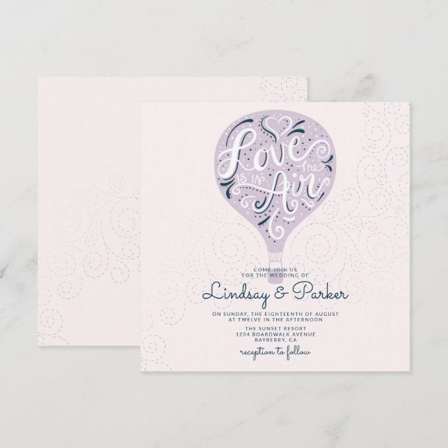 Invitación Cuadrado Boda púrpura de lavanda con amor a mano (Anverso / Reverso)