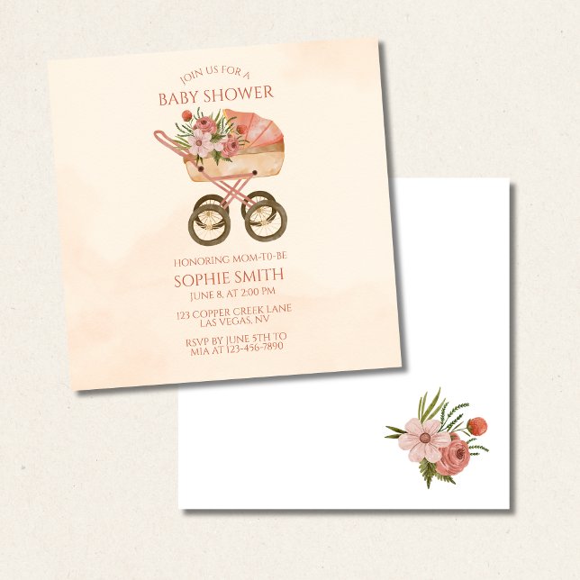 Invitación Cuadrado de Baby Shower floral de portadora de vin (Subido por el creador)