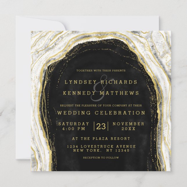 Invitación Cuadrado de Boda de rebanada de Geode blanco y dor (Anverso)