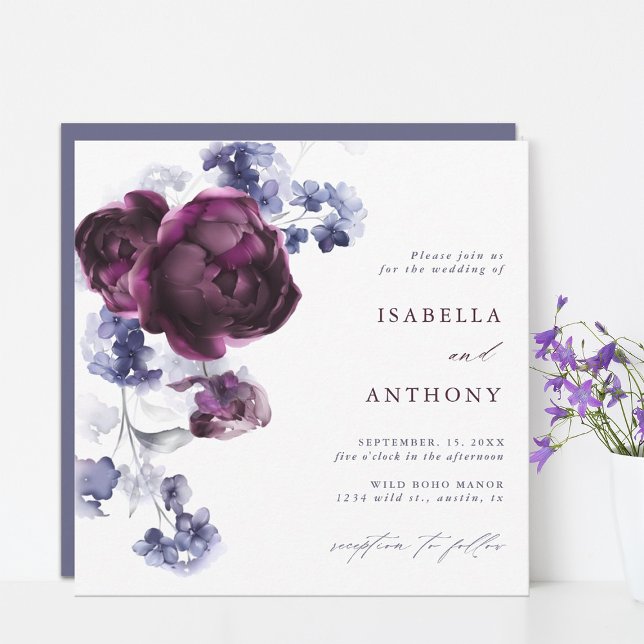 Invitación Cuadrado de Boda floral azul ciruela morada e índi (Subido por el creador)