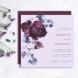 Invitación Cuadrado de Boda floral azul ciruela morada e índi