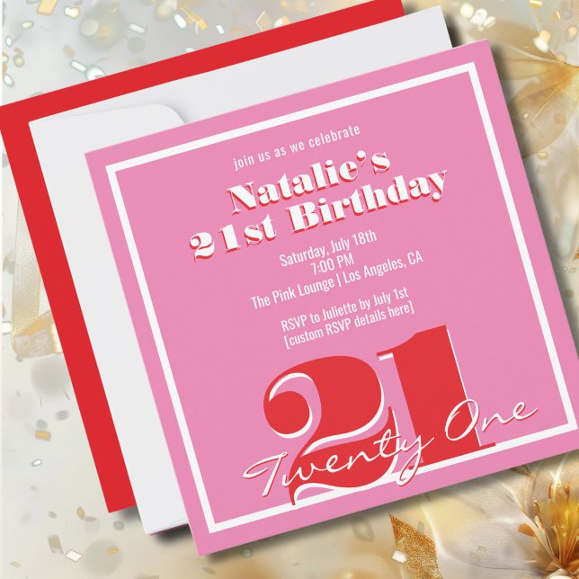 Invitación Cuadrado de Cumpleaños 21 Moderno Rosa Retro (Subido por el creador)