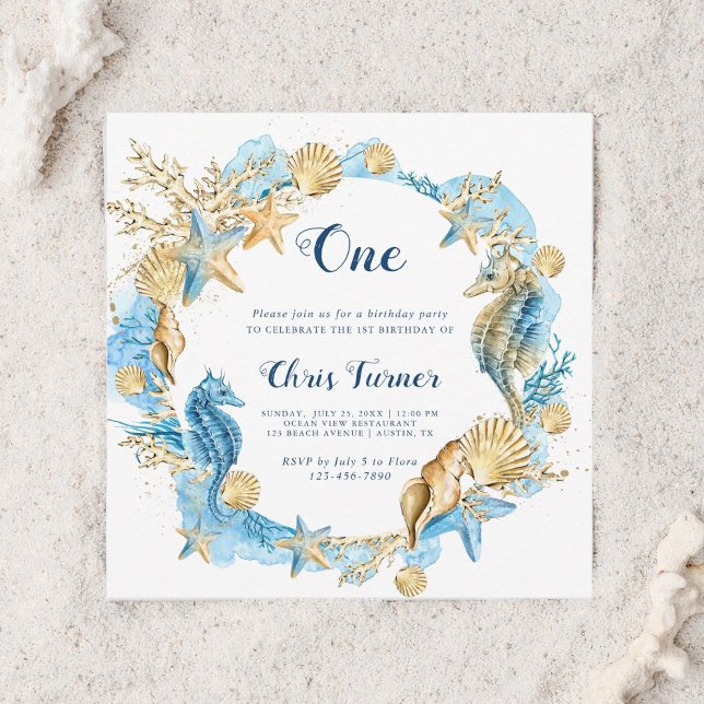 Invitación Cuadrado de cumpleaños de Blue & Gold Under Sea (Subido por el creador)