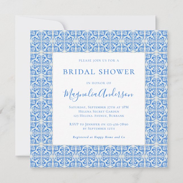Invitación Cuadrado de ducha de novia con mosaico azul medite (Anverso)