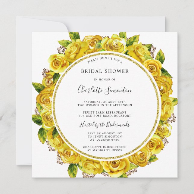 Invitación Cuadrado de ducha de novia floral amarilla (Anverso)