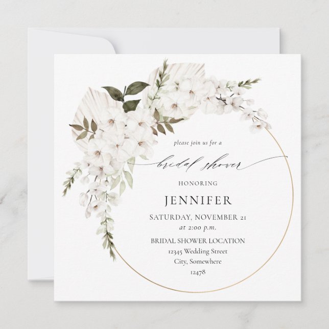 Invitación Cuadrado de ducha de novia floral del Boho blanco (Anverso)