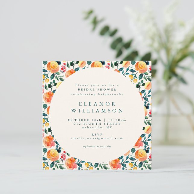 Invitación Cuadrado de Ducha Floral Acuarela Naranja Rústica (Anverso de pie)