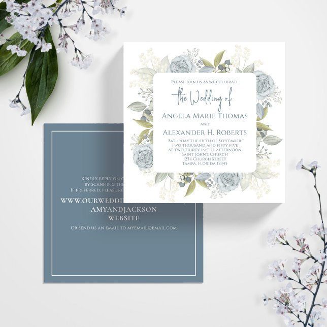 Invitación Cuadrado elegante de Boda floral azul floral (Wedding blue floral wedding invitation square template.)