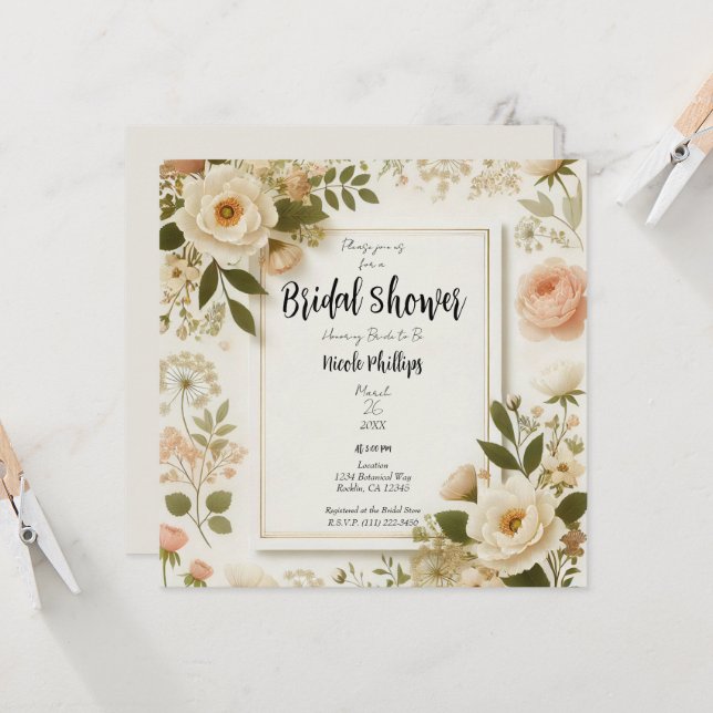 Invitación Cuadrado floral crema elegante ducha nupcial minim (Anverso/Reverso In Situ)