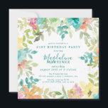Invitación Cuadrado floral de color acuático de verano 21º cu<br><div class="desc">Novedades para el verano 2024. Las acuarelas florales de verano modernas y coloridas presentan flores rosas, turquesas, azules, amarillas y naranjas. Forman moda rústica, boho, marco botánico alrededor de los detalles de tu fiesta de cumpleaños. Este artículo forma parte de la colección de acuarela de verano Floral. Contiene plantillas de...</div>