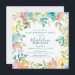Invitación Cuadrado floral de color acuático de verano 21º cu<br><div class="desc">Novedades para el verano 2024. Las acuarelas florales de verano modernas y coloridas presentan flores rosas, turquesas, azules, amarillas y naranjas. Forman moda rústica, boho, marco botánico alrededor de los detalles de tu fiesta de cumpleaños. Este artículo forma parte de la colección de acuarela de verano Floral. Contiene plantillas de...</div>