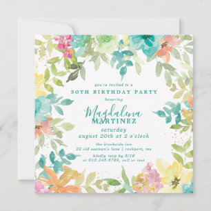 Invitación Cuadrado floral de color de agua de verano 30 cump