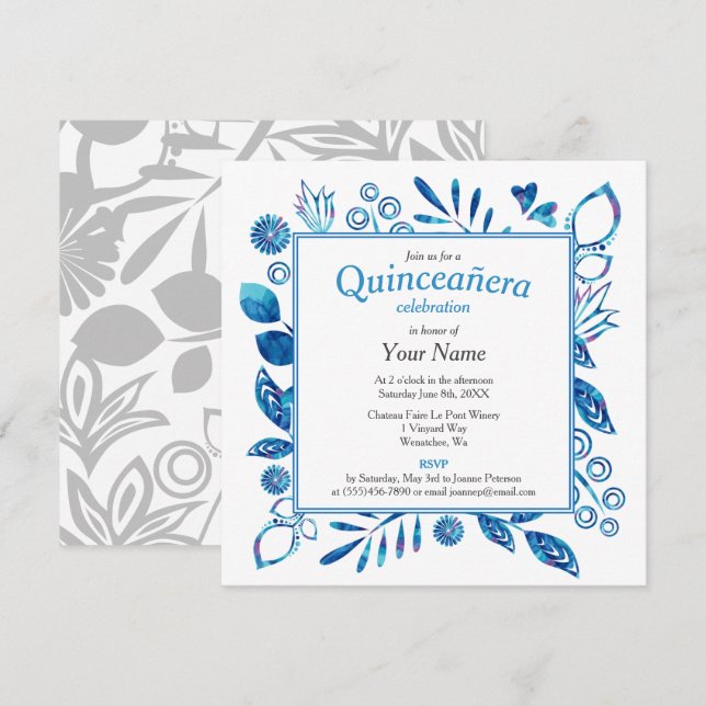 Invitación Cuadrado Quinceañera de marco floral azul (Anverso / Reverso)