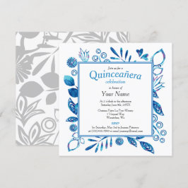 Invitación Cuadrado Quinceañera de marco floral azul