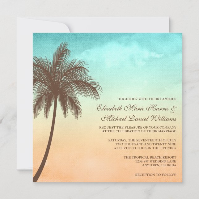 Invitación Cuadrado tropical de la boda de la palmera de la (Anverso)