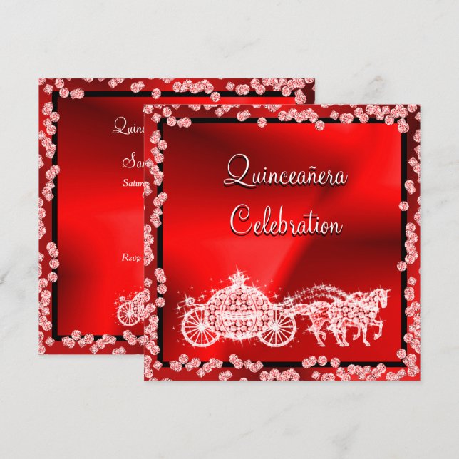 Invitación Cuadrador de princesas rojas y caballos Quinceañer (Anverso / Reverso)