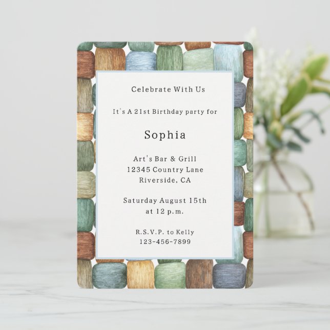 Invitación Cuadrados Cumpleaños Verde Marrón Azul Amarillo (Anverso de pie)