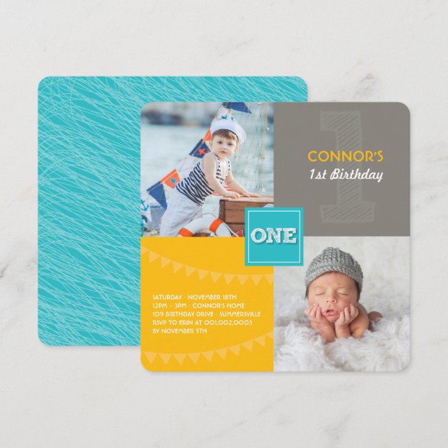 Invitación Cuadrados Divertidos Modernos UNO Foto Niño Cumple (Anverso / Reverso)