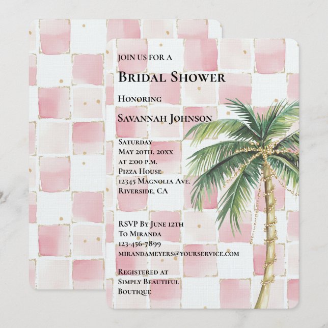 Invitación Cuadrados rosados Tropical Gold Palm Tree Bridal S (Anverso / Reverso)