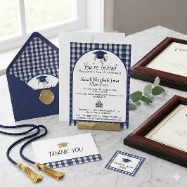 Invitación Cuadrícula de Gingham Azul Marino Clase de 2026