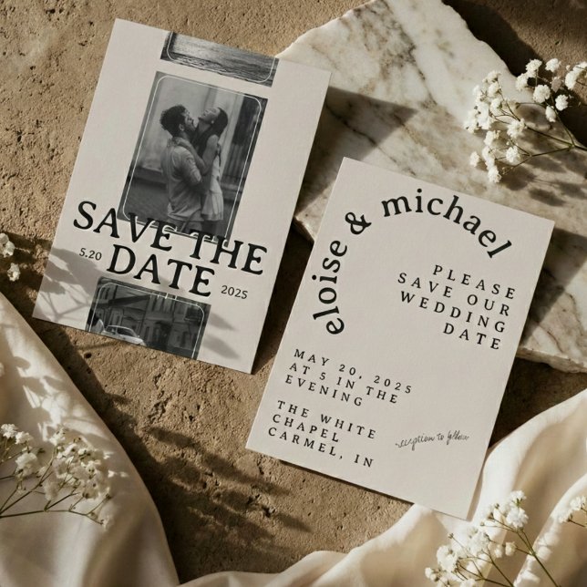 Invitación Cuadrícula fotográfica moderna con serios audaces  (Modern Save the Date Card featuring a striking photo grid layout and bold serif typography.)