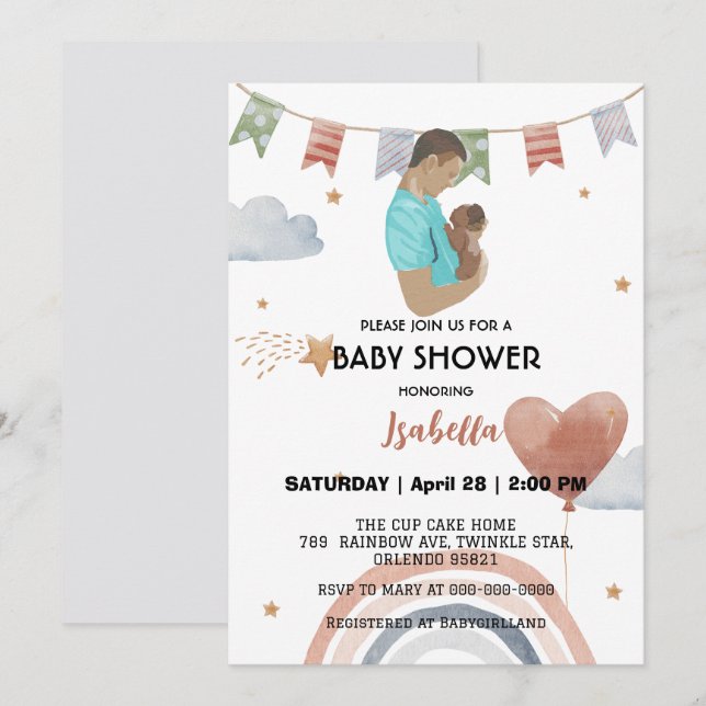 Invitación Cuadro afro papá rainbow star globo bebé (Anverso / Reverso)