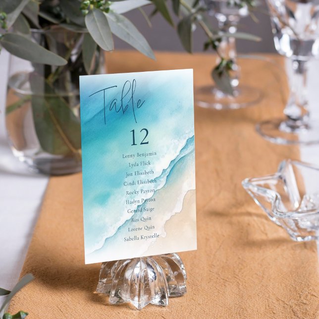 Invitación Cuadro de asientos de la mesa de playa del Océano  (Enchanting Blue Ocean and White Sand Beach table seating charts.)