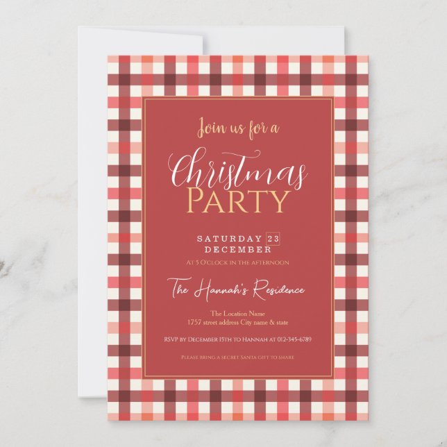 Invitación Cuadro de Gingham Rojo Invernal Estampado de Cuadr (Anverso)