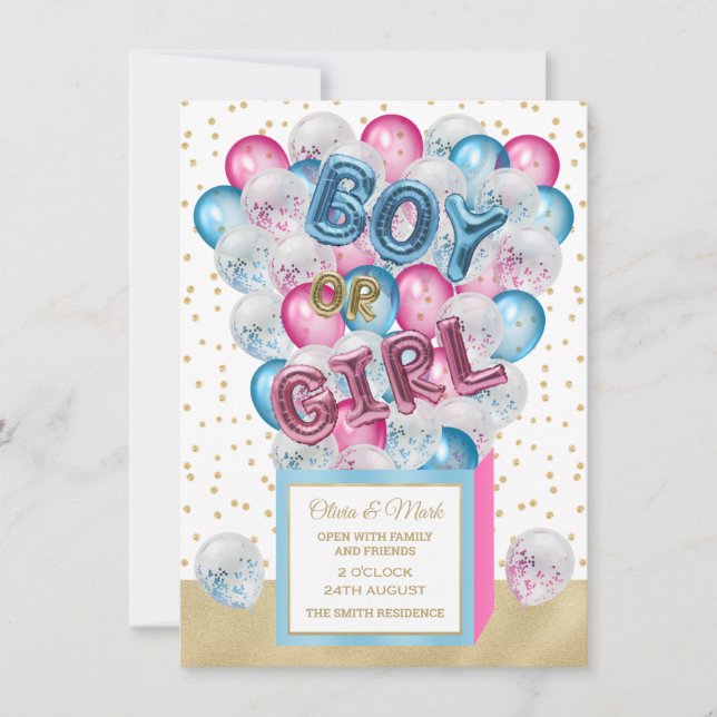 Invitación Cuadro de sorpresa de globo de globo género revela (Anverso)
