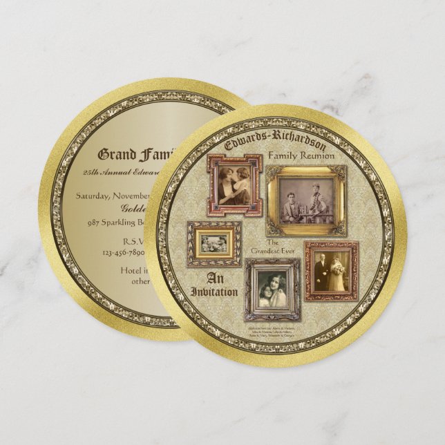 Invitación Cuadros Antiguos de Reunión Familiar en Oro Colage (Anverso / Reverso)