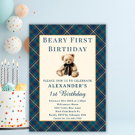 Invitación Cuadros Azules Vintage Beary Primer Niño Cumpleaño