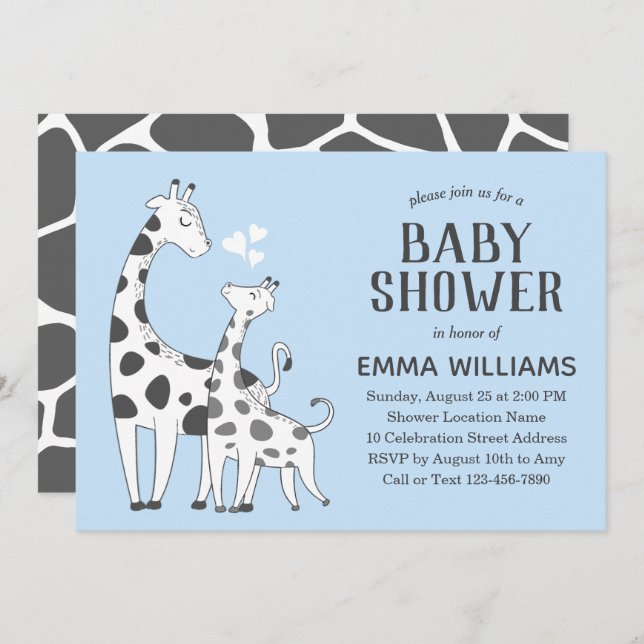 Invitación Cuadros Blue Gray Animal Giraffe Boy Baby Shower (Anverso / Reverso)