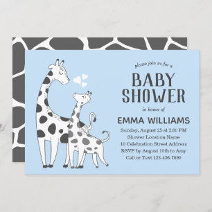 Invitación Cuadros Blue Gray Animal Giraffe Boy Baby Shower